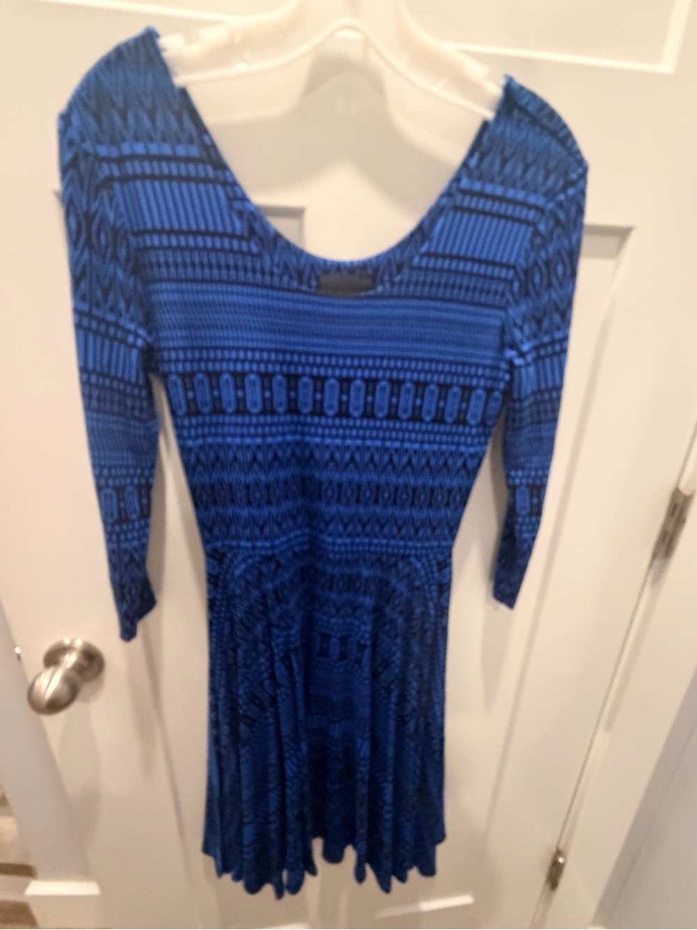 Cynthia Rowley Blue Black Geometric Fit & Flare Dress 3/4 Sleeve Scoop Neck Sz S